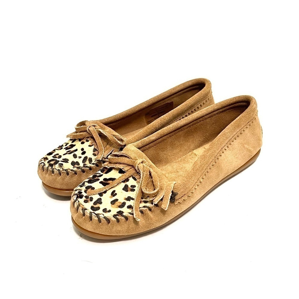 Vintage Y2K tan suede kiltie fringe leopard print pony hair moccasins